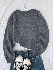 SHEIN 青少年女孩秋冬休閒灰色素色刺繡小馬燈籠袖短版長袖圓領套頭毛衣 - 灰色 - 查看 2