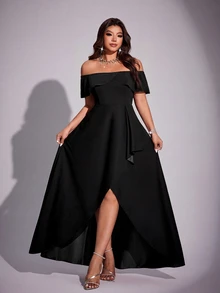 Viva Relle Vestido elegante y romántico con hombros descubiertos y silueta de sirena para mujer talla grande, primavera/verano - Negro - Ver 4