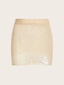 SHEIN ICON Solid Ripped Knit Skirt - Apricot - View 2