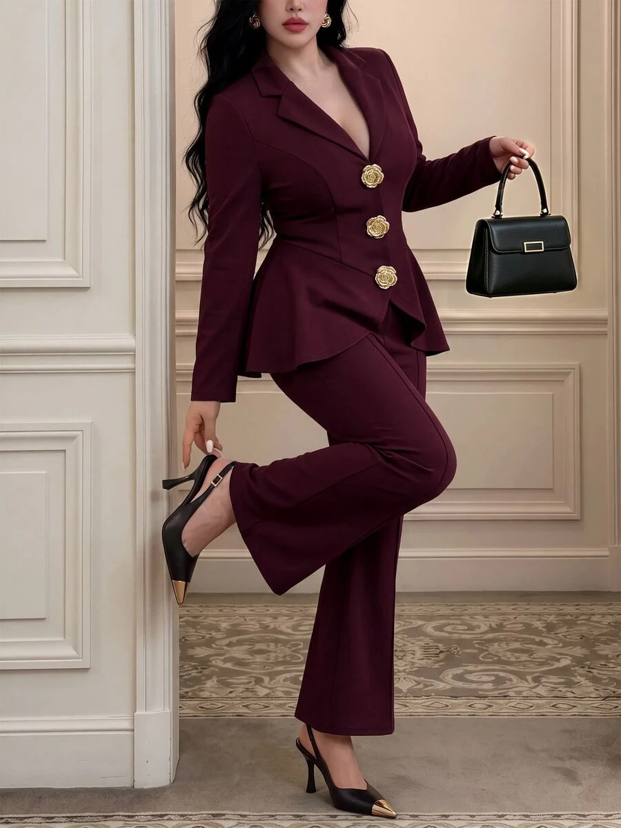 Vibekara 2pcs Set Elegant Vintage Deep Wine Red Plus Size Suit With Lapel V-Neck Ruched Asymmetrical Hem Long Blazer + Slim Fit Flare Pants For Commute, Date, Party - Burgundy - View 1