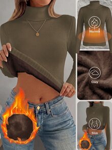 Franclia European & American Autumn/Winter Fashion All-Match Versatile High Neck Thick Fleece One-Piece Slim Fit Long Sleeve Knit Inner Layer Base Layer - Mocha Brown - View 6