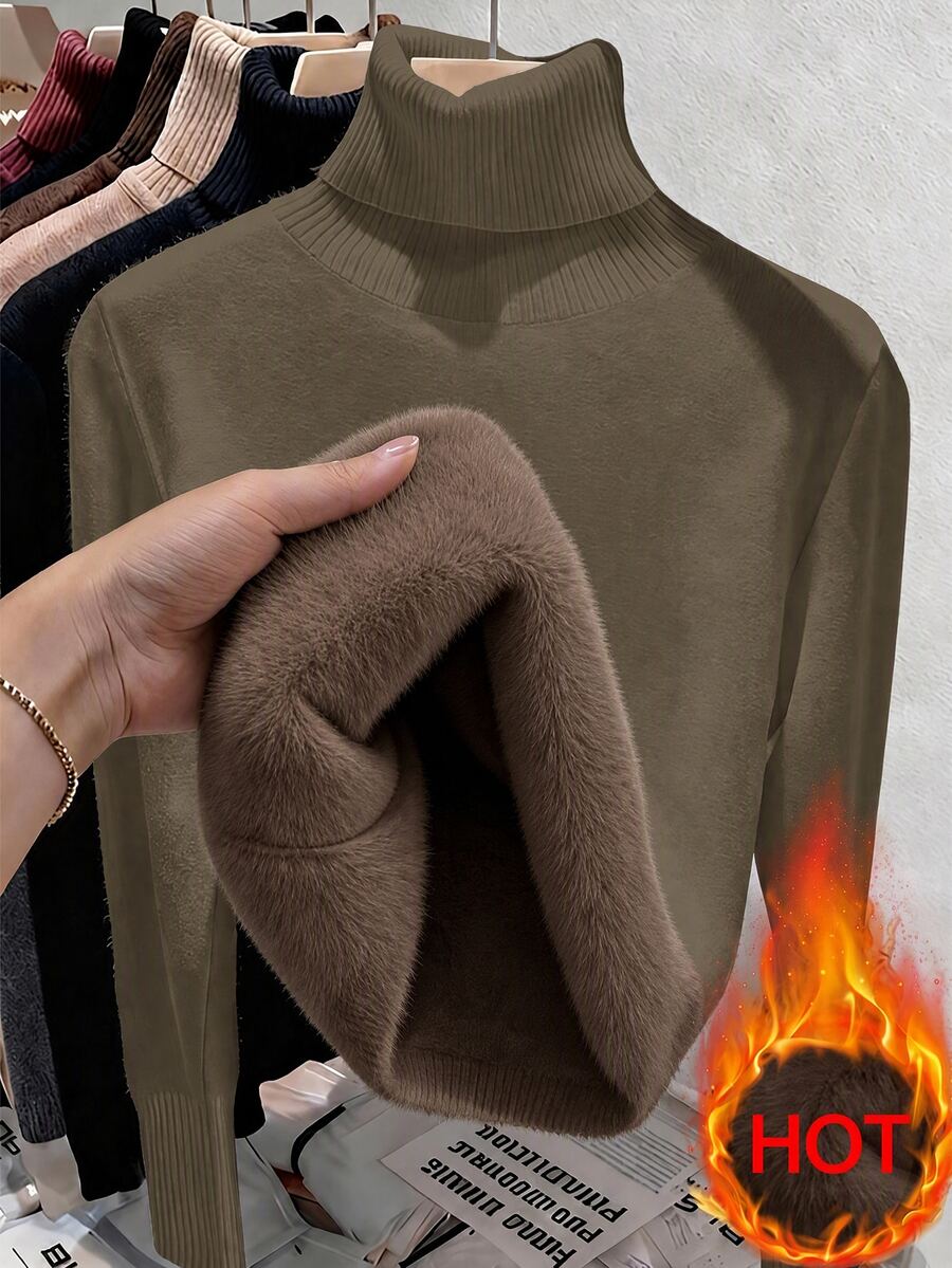Franclia European & American Autumn/Winter Fashion All-Match Versatile High Neck Thick Fleece One-Piece Slim Fit Long Sleeve Knit Inner Layer Base Layer - Mocha Brown - View 1
