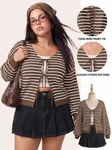 Comfortcana Plus Size Women Casual Striped Tie Front Loose Cardigan, Autumn/Winter,Fall - Coffee Brown - View 5