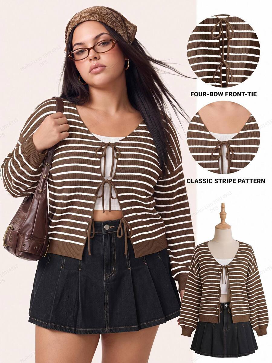 Comfortcana Plus Size Women Casual Striped Tie Front Loose Cardigan, Autumn/Winter,Fall - Coffee Brown - View 1