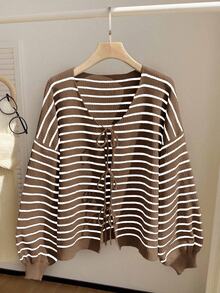 Comfortcana Plus Size Women Casual Striped Tie Front Loose Cardigan, Autumn/Winter,Fall - Coffee Brown - View 1