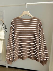 Comfortcana Plus Size Women Casual Striped Tie Front Loose Cardigan, Autumn/Winter,Fall - Coffee Brown - View 2