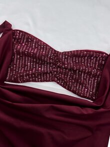 IslaSuriya 女款時尚性感亮片拼接露背掛脖上衣 - 酒紅色 - 查看 3