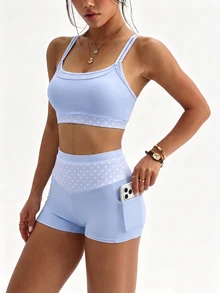 Dewbera Dewbera 2PCS Women's Spring/Summer Sports Athleisure Set, Patchwork Polka Dot Pattern Print, Spaghetti Strap, Removable Padding Sports Bra And Shorts Gym - Blue - View 5
