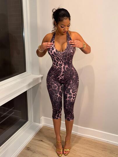 Eshe Glo Women's Leopard Print Deep V Neck Sexy Halter Neck Fitted Capri Length Jumpsuit Night Out Club Party Grey Leopard Print Summer