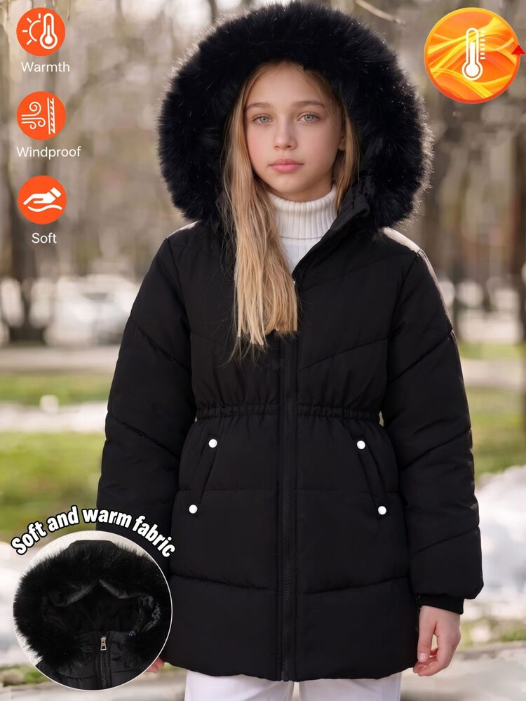 SHEIN Girls' Black Mid-Length Padded Coat, Oversized Fluffy Black Fur Collar Hooded Design, Waist-Cinching Snug Fit Fit, Loose Non-Bulky, Clean-Cut Versatile Padded Coat, Daily Commute Versatile Padded Coat For Little Girls - Black - View 1