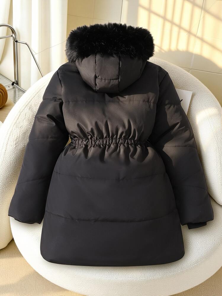 SHEIN Girls' Black Mid-Length Padded Coat, Oversized Fluffy Black Fur Collar Hooded Design, Waist-Cinching Snug Fit Fit, Loose Non-Bulky, Clean-Cut Versatile Padded Coat, Daily Commute Versatile Padded Coat For Little Girls - Black - View 2