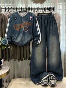 SHEIN 青少年女孩 V 領字母印花連帽衛衣與工裝褲休閒兩件套 - 藍色 - 查看 2