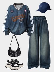 SHEIN 青少年女孩 V 領字母印花連帽衛衣與工裝褲休閒兩件套 - 藍色 - 查看 4