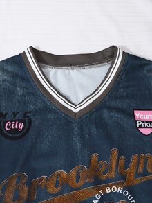 SHEIN 青少年女孩 V 領字母印花連帽衛衣與工裝褲休閒兩件套 - 藍色 - 查看 7