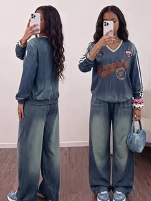 SHEIN 青少年女孩 V 領字母印花連帽衛衣與工裝褲休閒兩件套 - 藍色 - 查看 1