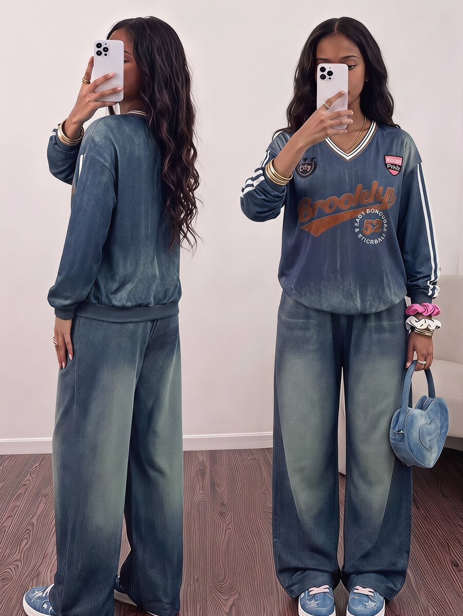 SHEIN 青少年女孩 V 領字母印花連帽衛衣與工裝褲休閒兩件套 - 藍色 - 查看 1