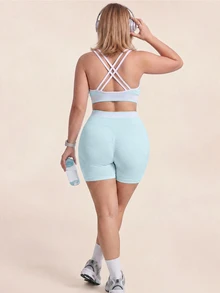 SHEIN Rhythm Era Women's Plus Size Tank Top And Shorts Sports Set - Mint Green - View 2