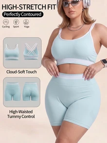 SHEIN Rhythm Era Women's Plus Size Tank Top And Shorts Sports Set - Mint Green - View 1