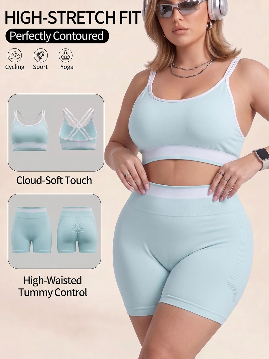 SHEIN Rhythm Era Women's Plus Size Tank Top And Shorts Sports Set - Mint Green - View 1