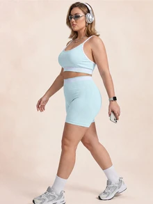 SHEIN Rhythm Era Women's Plus Size Tank Top And Shorts Sports Set - Mint Green - View 4