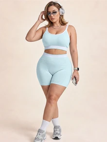 SHEIN Rhythm Era Women's Plus Size Tank Top And Shorts Sports Set - Mint Green - View 6
