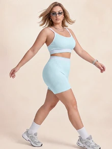 SHEIN Rhythm Era Women's Plus Size Tank Top And Shorts Sports Set - Mint Green - View 3
