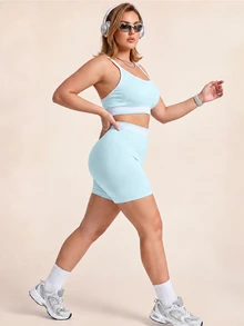 SHEIN Rhythm Era Women's Plus Size Tank Top And Shorts Sports Set - Mint Green - View 5