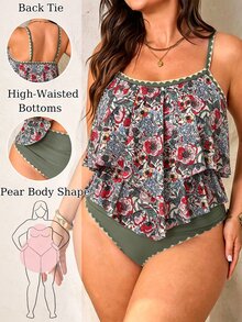 Swim Lushoire PlusSize 2件組復古休閒花卉荷葉邊掛脖上衣高腰比基尼泳衣，夏季波希米亞風海灘度假假期，米色優雅女士款 - 彩色 - 查看 1