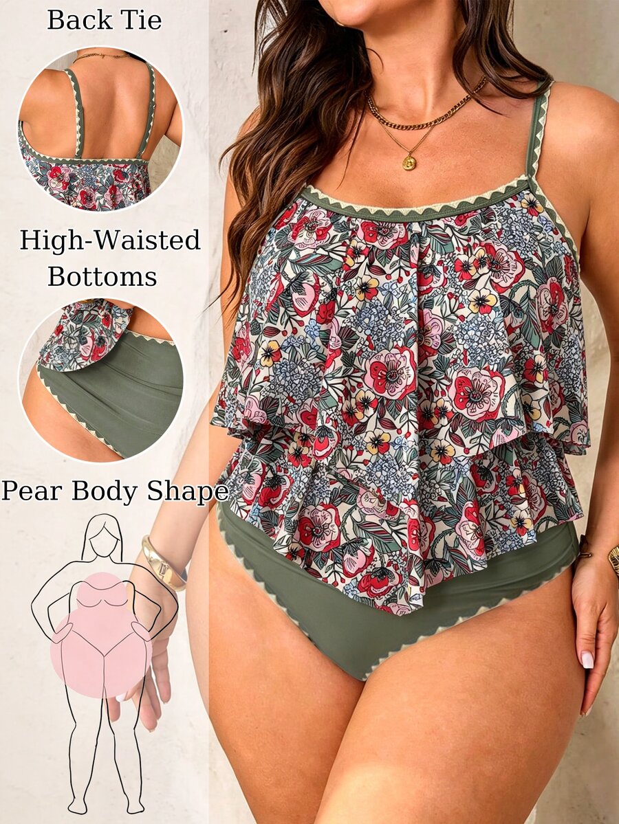 Swim Lushoire PlusSize 2件組復古休閒花卉荷葉邊掛脖上衣高腰比基尼泳衣,夏季波希米亞風海灘度假假期,米色優雅女士款 - 彩色 - 查看 1