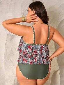 Swim Lushoire PlusSize 2件組復古休閒花卉荷葉邊掛脖上衣高腰比基尼泳衣，夏季波希米亞風海灘度假假期，米色優雅女士款 - 彩色 - 查看 2