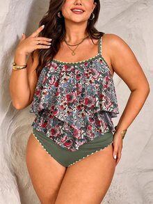 Swim Lushoire PlusSize 2件組復古休閒花卉荷葉邊掛脖上衣高腰比基尼泳衣，夏季波希米亞風海灘度假假期，米色優雅女士款 - 彩色 - 查看 3