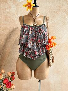 Swim Lushoire PlusSize 2件組復古休閒花卉荷葉邊掛脖上衣高腰比基尼泳衣，夏季波希米亞風海灘度假假期，米色優雅女士款 - 彩色 - 查看 4