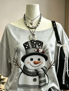 Lalippa 女款大尺碼聖誕休閒雪人印花寬肩休閒T恤不對稱領上衣送給朋友的禮物女款聖誕上衣秋季上衣 - 彩色 - 查看 3