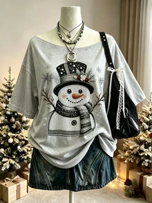 Lalippa 女款大尺碼聖誕休閒雪人印花寬肩休閒T恤不對稱領上衣送給朋友的禮物女款聖誕上衣秋季上衣 - 彩色 - 查看 1