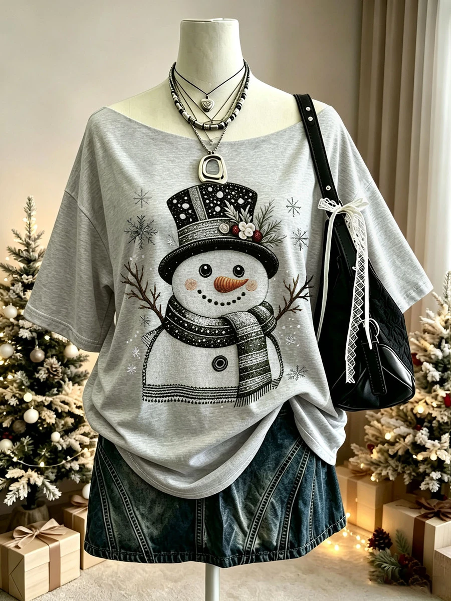 Lalippa 女款大尺碼聖誕休閒雪人印花寬肩休閒T恤不對稱領上衣送給朋友的禮物女款聖誕上衣秋季上衣 - 彩色 - 查看 1