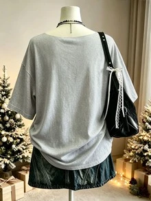 Lalippa 女款大尺碼聖誕休閒雪人印花寬肩休閒T恤不對稱領上衣送給朋友的禮物女款聖誕上衣秋季上衣 - 彩色 - 查看 2