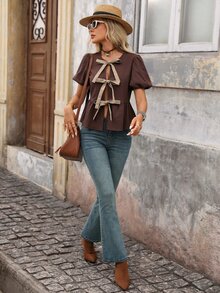 Brillora Blusa casual linda romántica francesa elegante de unicolor con cordones y manga corta para mujer, top a rayas marrón oscuro, vacaciones playa brunch verano - Café integral - Ver 9