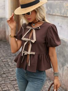 Brillora Blusa casual linda romántica francesa elegante de unicolor con cordones y manga corta para mujer, top a rayas marrón oscuro, vacaciones playa brunch verano - Café integral - Ver 5