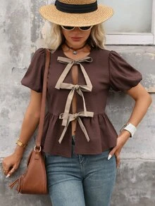 Brillora Blusa casual linda romántica francesa elegante de unicolor con cordones y manga corta para mujer, top a rayas marrón oscuro, vacaciones playa brunch verano - Café integral - Ver 7