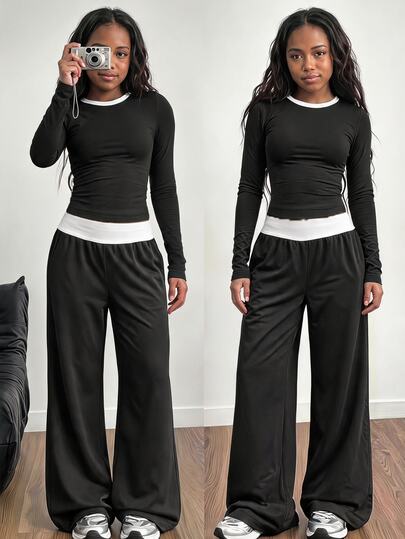 SHEIN Sparklyn Ensemble 2 pièces pour filles : T-shirt de sport décontracté à manches longues coupe slim et pantalon large à taille élastique, noir et blanc, pour vacances et école, automne