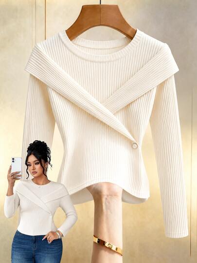 GlowEve CURVE Plus Size New Autumn/Winter Style, Soft Sweet White Color, Pure Charming Design, Niche Korean Style, High-End Quality, Waist-Flattering Slimming, Can Be Worn Separately Or As An Inner Layer, Fashion Decorative Button Round Neck Long Sleeve Women's T-Shirt