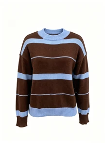 SHEIN PariChic Suéter de mujer con bloques de color y patchwork, estilo vintage casual versátil Maillard para otoño/invierno, top de punto a rayas marrones para uso diario y viajes - Multicolor - Ver 7