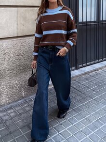 SHEIN PariChic Suéter de mujer con bloques de color y patchwork, estilo vintage casual versátil Maillard para otoño/invierno, top de punto a rayas marrones para uso diario y viajes - Multicolor - Ver 3