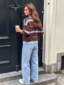 SHEIN PariChic Suéter de mujer con bloques de color y patchwork, estilo vintage casual versátil Maillard para otoño/invierno, top de punto a rayas marrones para uso diario y viajes - Multicolor - Ver 2