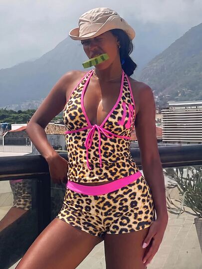 Zestiva Women's Leopard Print Halter Beigekini,2 Pieces Bathing Suit,Numeric Contrast Trim Swimwear,Summer,Casual Sexy,Beach,Holiday,Vacation,Holiday Set