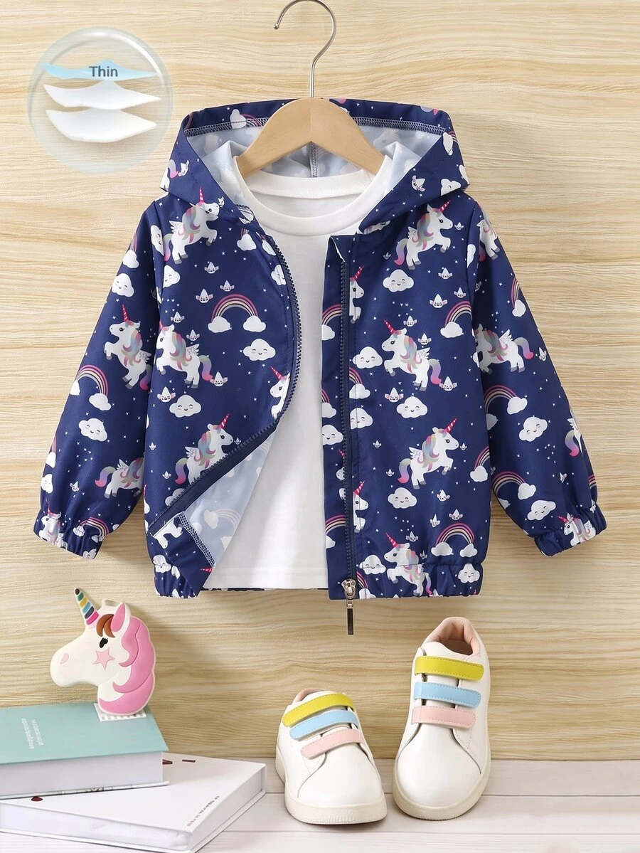 SHEIN Vintaside Kids Young Girl Cartoon Print Hooded Jacket - Navy Blue - View 1