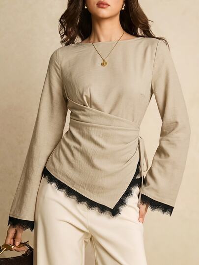 Poéselle Women's Beige Wrap Blouse With Black Lace Trim – Asymmetric Hem Bell Sleeve Top Women Elegant Blouses  Work Outfits For Women Fall/Winter