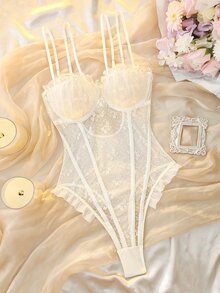 DelicateAllure Floral Lace Underwire Teddy Bodysuit - White - View 1