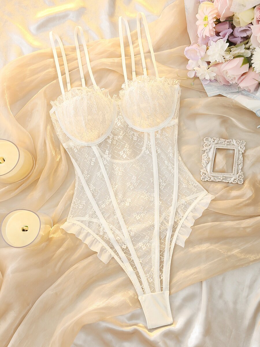 DelicateAllure Floral Lace Underwire Teddy Bodysuit - White - View 1