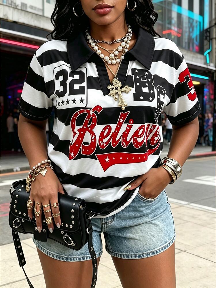 Maweii Women's Sweet Cool Casual Vacation Style Minimalist Romantic Black Striped Number Print Polo Collar Short Sleeve T-Shirt - Multicolor - View 4